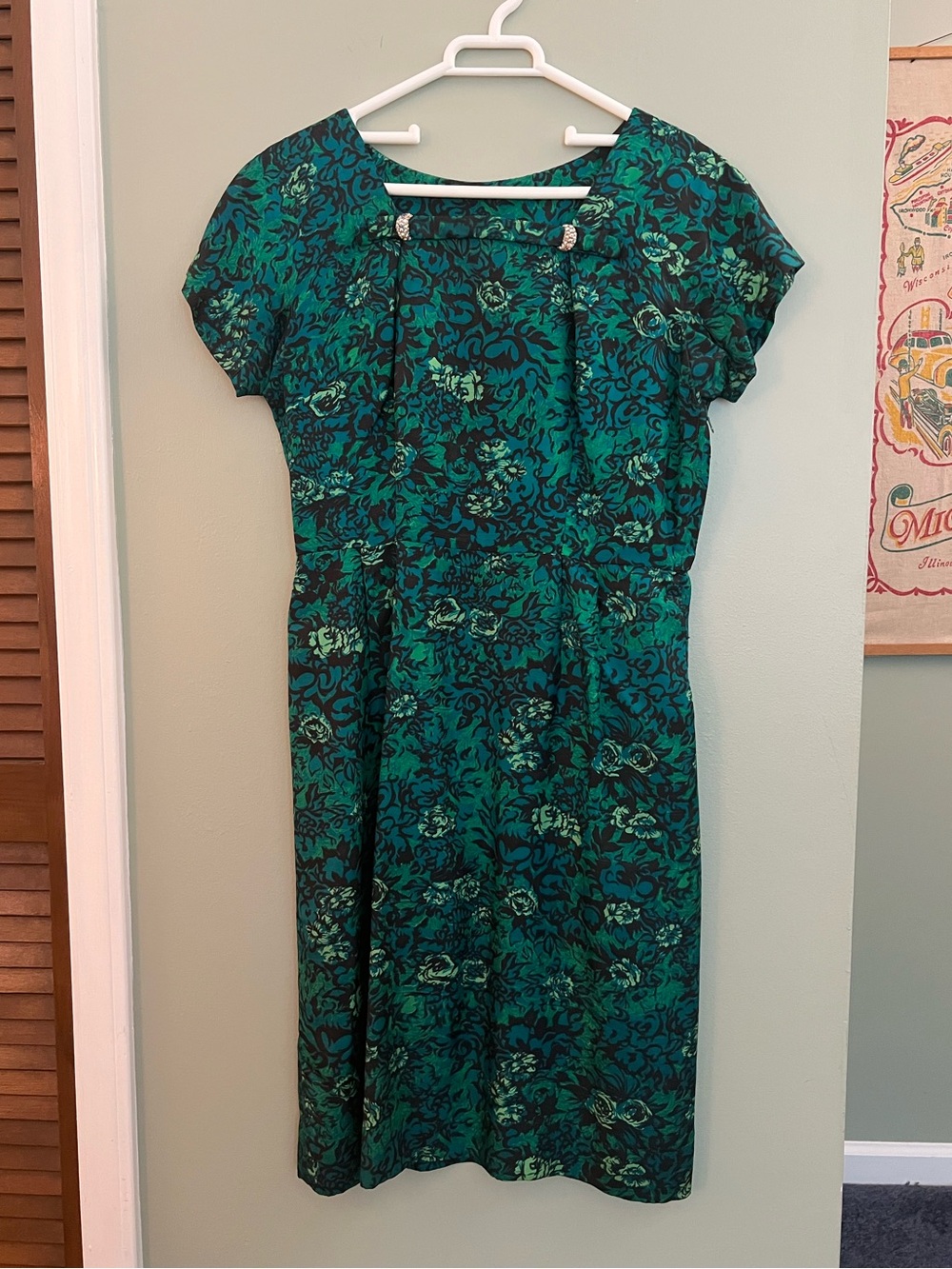 Vintage 1950s Green Blue Teal Black Silk Floral Cocktail Dress